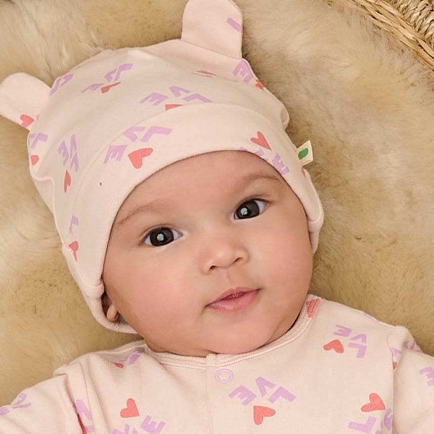 The Bonnie Mob - Pink Love Print Baby Hat with Ears
